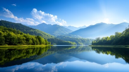 Fototapeta premium Stunning mountain landscape with lush green forests and a calm lake under a bright blue sky showcasing the beauty and tranquility of nature Perfect for imagery focused on scenic