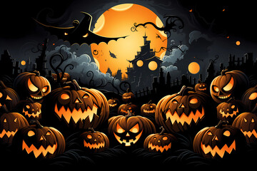Spooky Halloween Scene with Jack-O'-Lantern, Full Moon, and bats, Generative AI