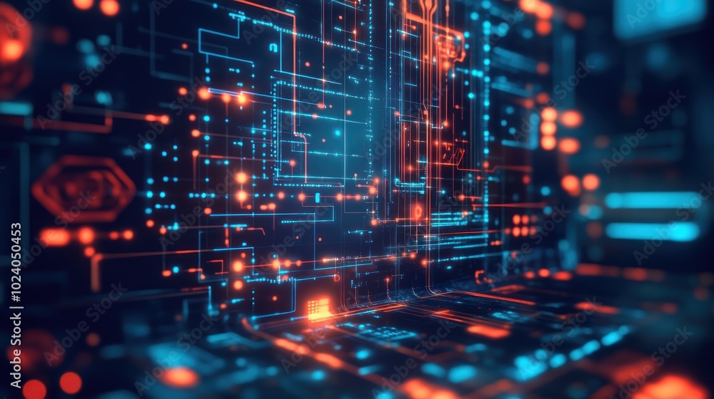 Poster tech-themed background with abstract digital circuits, data flows, and futuristic elements,