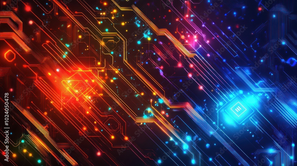 Poster tech-themed background with abstract digital circuits, data flows, and futuristic elements,
