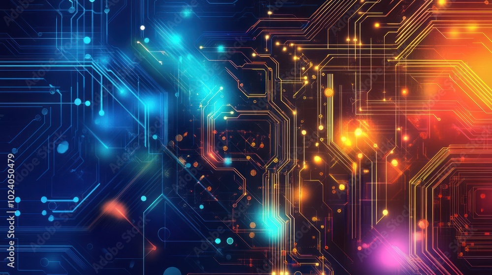 Poster tech-themed background with abstract digital circuits, data flows, and futuristic elements,