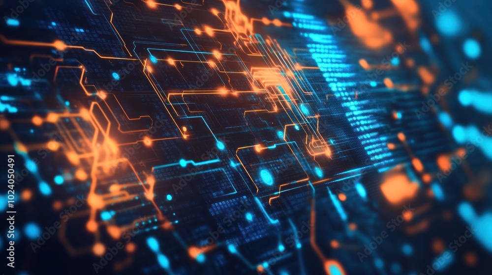 Poster tech-themed background with abstract digital circuits, data flows, and futuristic elements,