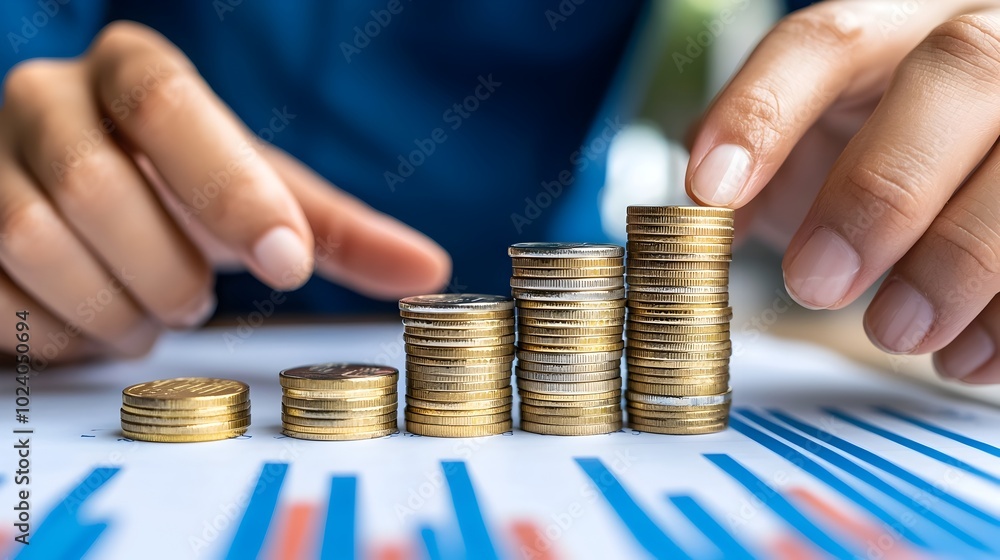 Poster hands stacking coins with financial growth charts in the background representing increasing wealth a