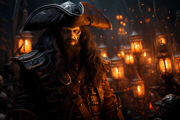 Sinister Pirate in a Fiery Scene, Generative AI