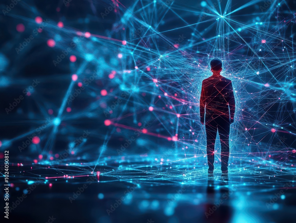 Aufkleber a virtual avatar stuck in a digital web of holographic strings, representing data overload and compl