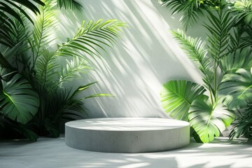 Fototapeta premium Tropical Leaf Background with Concrete Podium