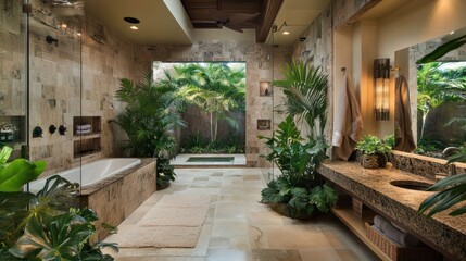 Naklejka premium Tropical luxury bathroom with outdoor elements, featuring lush greenery, natural stone, 