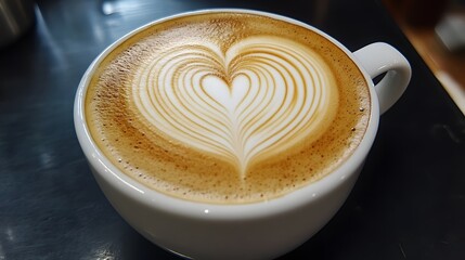 A cup of frothy cappuccino, with a perfect heart-shaped latte art on top.


