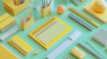 Colorful Stationery Arrangement on Green Background with Notebooks, Pencils, and Office Supplies for Creative Workspaces
