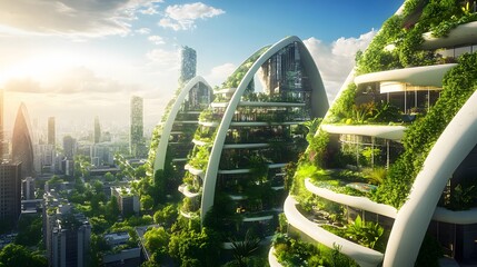 3D Illustration of a futuristic "green" city with an arched structure and high rise buildings with terraces covered in vegetation, for environmental architecture backgrounds.