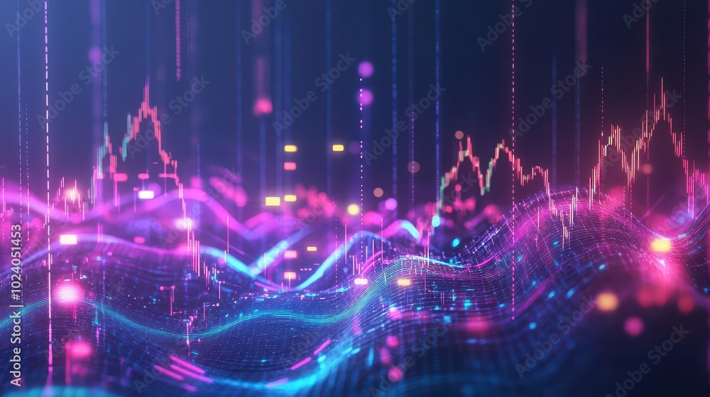 Aufkleber Abstract digital visualization of market forces with vibrant neon waves and glowing data nodes, modern, techfocused aesthetic