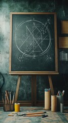 Vintage Chalkboard with Geometric Drawings and Art Supplies in a Creative Studio Setting