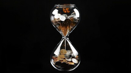 A striking glass hourglass filled with coins, elegantly showcasing the passage of time and the value of currency. The transparent design allows a clear view of the coins, emphasizing their detail 