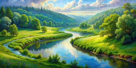 Impressionistic oil painting of lazy summer river