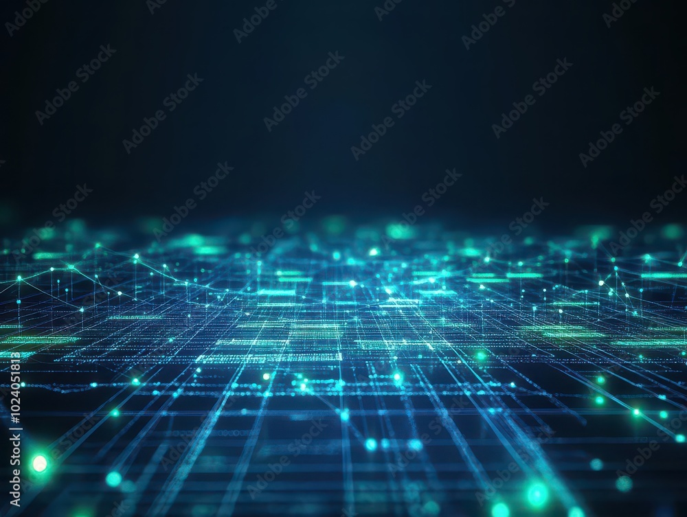 Poster abstract global network of market data flowing through digital nodes, glowing neon blue and green, f