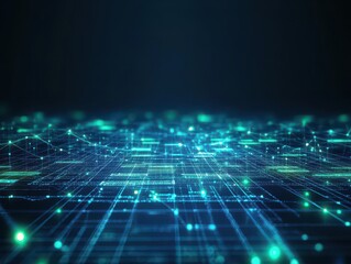 Obraz premium Abstract global network of market data flowing through digital nodes, glowing neon blue and green, futuristic style, dark tech background