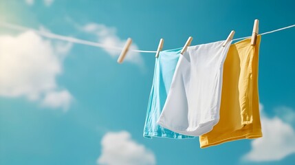 Eco Friendly Outdoor Laundry Drying on a Clothesline Against a Bright Blue Sky Symbolizing a Refreshing and Sustainable Drying Process with a Robotic Minimalist Aesthetic