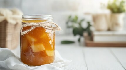 A beautifully crafted glass jar filled with homemade apple jam, showcasing its rich, golden color and smooth texture. The jar features a rustic lid and a charming label,