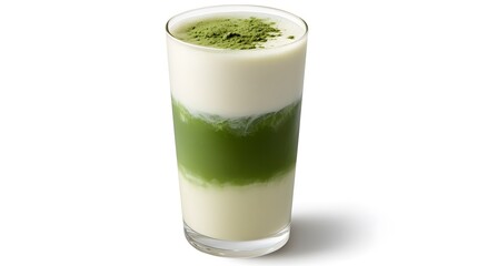 A glass of iced matcha latte, with layers of green matcha and creamy milk.


