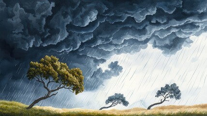 Dramatic storm clouds with trees under heavy rain in a moody landscape.