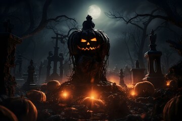 Spooky halloween background pumpkins on a cemetery, Generative AI