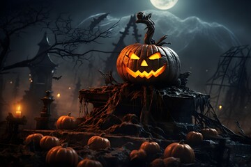 Spooky halloween background pumpkins on a cemetery, Generative AI