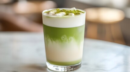 A glass of iced matcha latte, with layers of green matcha and creamy milk.


