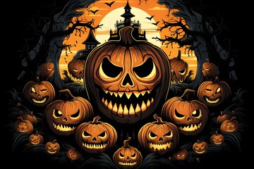 Spooky Halloween Scene with Jack-O'-Lantern, Full Moon, Generative AI