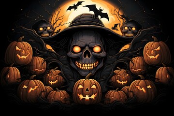 Spooky Halloween Scene with Jack-O'-Lantern, Full Moon, Generative AI