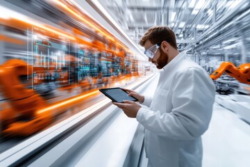 Very realistic and photographic photo of an engineer with a tablet in a sleek, high-tech factory, surrounded by futuristic holographic displays showing detailed automation dashboards. The polished