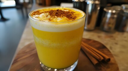 A golden turmeric latte, served with a sprinkle of cinnamon on top.


