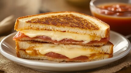A gourmet grilled cheese sandwich, with layers of melted cheddar and Gruyère, served with tomato soup.


