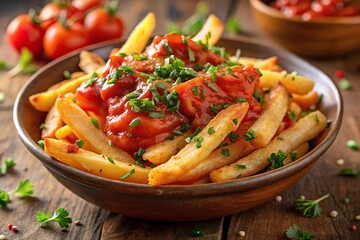 Indulgent tomato saucedrenched fries with fresh herbs