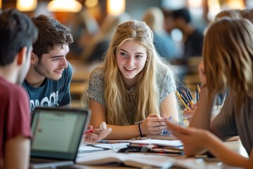 College students in a study group, working together on an assignment and discussing course materials, building academic connections