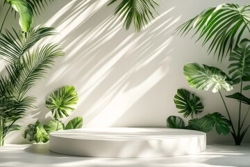Fototapeta premium Minimalist White Podium with Tropical Leaves and Sunlight Shadows