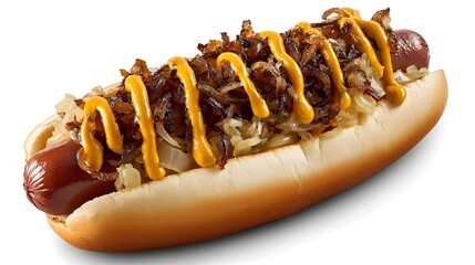 A gourmet hot dog, topped with caramelized onions, sauerkraut, and spicy mustard.



