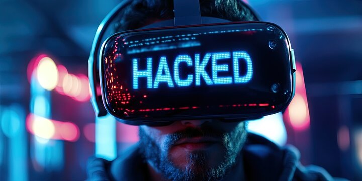 man wearing VR headset with "HACKED" on screen - - Powered by Adobe