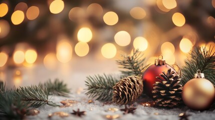 Warm blurred bokeh lights create a cozy holiday atmosphere with festive decorations and natural elements at a family gathering