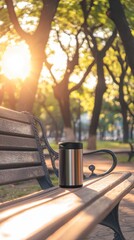 A thermos on a park bench in the morning sunlight