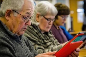 Seniors in a technology workshop, each exploring the features of their tablets with the guidance of an instructor
