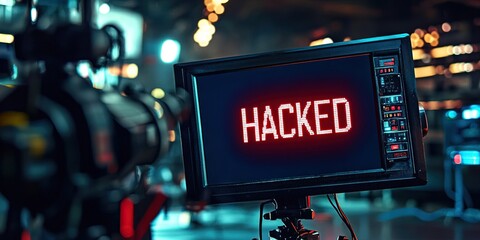  Tv broadcast studio with "HACKED" on screen -