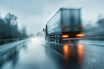 A transport truck driving at high speed on a rainy day, with motion blur to depict its resilience and efficiency in all weather conditions