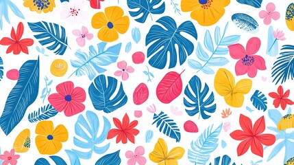 Fototapeta premium A hand-drawn pattern design inspired by the vibrant essence of the summer season, featuring whimsical elements such as sunflowers, beach scenes, and tropical motifs. 
