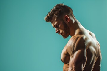 Fit man with a powerful physique and a calm, sharp demeanor, solid color background, ideal for promoting gym services that emphasize total body and mind wellness