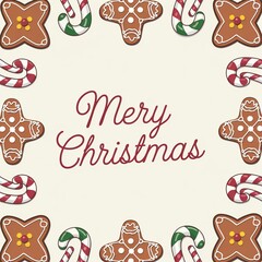 Fototapeta premium Traditional Merry Christmas greeting template framed by festive illustrations of gingerbread men, striped candy canes, and winter pine foliage.