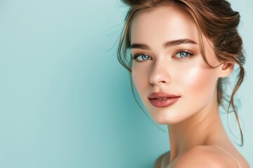 Fototapeta premium Cropped shot of an elegant woman presenter with lipstick, blending feminine beauty and style, set against a simple solid color backdrop, focusing on the details