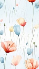 Colorful Abstract Floral Illustration with Delicate Poppies and Tulips on a Light Background