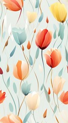 Vibrant Abstract Floral Pattern with Colorful Tulips and Leaves on a Light Background
