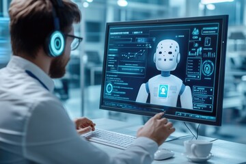 A business professional monitors an AI-powered customer service chatbot interface on a computer screen, analyzing real-time chat interactions and response accuracy