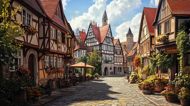 Charming village square in a bavarian town, with timber-framed buildings,. Bavarian Castle. Illustration